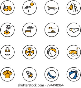 line vector icon set - coconut cocktail vector, beach, lounger, flippers, palm, inflatable pool, flip flops, swimsuit, parasol, ball, diving, shell