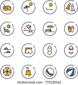 line vector icon set - coconut cocktail vector, beach, lounger, flippers, palm, inflatable pool, flip flops, swimsuit, parasol, sand castle, ball