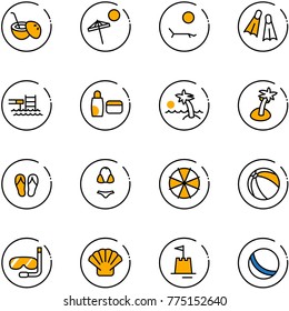 line vector icon set - coconut cocktail vector, beach, lounger, flippers, pool, uv cream, palm, flip flops, swimsuit, parasol, ball, diving, shell, sand castle