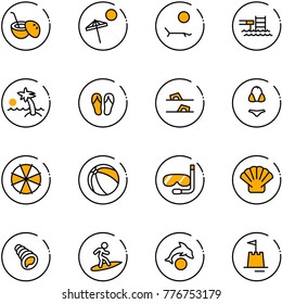 line vector icon set - coconut cocktail vector, beach, lounger, pool, palm, flip flops, swimsuit, parasol, ball, diving, shell, surfing, dolphin, sand castle