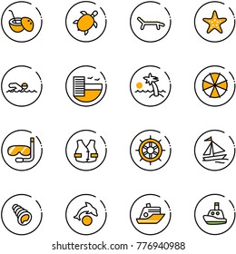 line vector icon set - coconut cocktail vector, sea turtle, lounger, starfish, swimming, hotel, palm, parasol, diving, life vest, hand wheel, sail boat, shell, dolphin, cruiser, toy