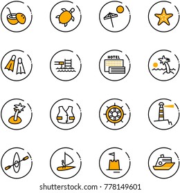 line vector icon set - coconut cocktail vector, sea turtle, beach, starfish, flippers, pool, hotel, palm, life vest, hand wheel, lighthouse, kayak, windsurfing, sand castle, cruiser