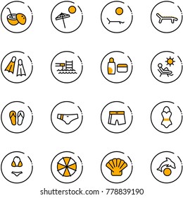 line vector icon set - coconut cocktail vector, beach, lounger, flippers, pool, uv cream, flip flops, swimsuit, parasol, shell, dolphin
