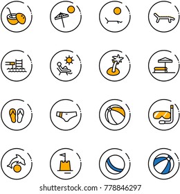 line vector icon set - coconut cocktail vector, beach, lounger, pool, palm, inflatable, flip flops, swimsuit, ball, diving, dolphin, sand castle