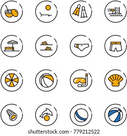 line vector icon set - coconut cocktail vector, lounger, flippers, pool, inflatable, flip flops, swimsuit, parasol, ball, diving, shell, dolphin, beach