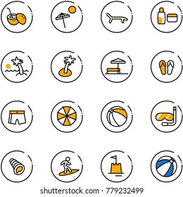 line vector icon set - coconut cocktail vector, beach, lounger, uv cream, palm, inflatable pool, flip flops, swimsuit, parasol, ball, diving, shell, surfing, sand castle
