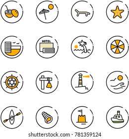 line vector icon set - coconut cocktail vector, beach, lounger, starfish, hotel, sea, palm, parasol, hand wheel, ship bell, lighthouse, waves, kayak, shell, sand castle, toy boat