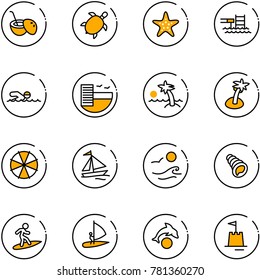 line vector icon set - coconut cocktail vector, sea turtle, starfish, pool, swimming, hotel, palm, parasol, sail boat, waves, shell, surfing, windsurfing, dolphin, sand castle