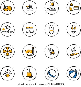 line vector icon set - coconut cocktail vector, pool, reading, uv cream, palm, swimsuit, parasol, diving, shell, surfing, dolphin, sand castle, ball, beach