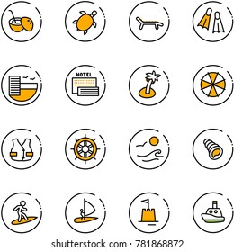 line vector icon set - coconut cocktail vector, sea turtle, lounger, flippers, hotel, palm, parasol, life vest, hand wheel, waves, shell, surfing, windsurfing, sand castle, toy boat