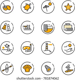 line vector icon set - coconut cocktail vector, sea turtle, beach, starfish, flippers, pool, hotel, palm, diving, lighthouse, waves, kayak, shell, surfing