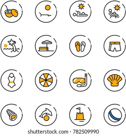 line vector icon set - coconut cocktail vector, lounger, reading, beach, palm, inflatable pool, flip flops, swimsuit, parasol, diving, shell, dolphin, sand castle, ball