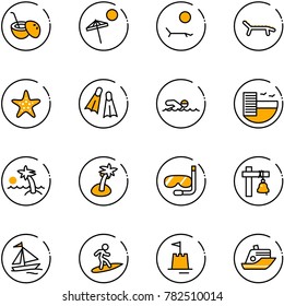 line vector icon set - coconut cocktail vector, beach, lounger, starfish, flippers, swimming, hotel, palm, diving, ship bell, sail boat, surfing, sand castle, cruiser
