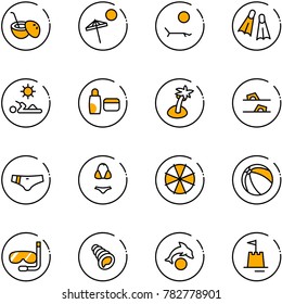 line vector icon set - coconut cocktail vector, beach, lounger, flippers, reading, uv cream, palm, flip flops, swimsuit, parasol, ball, diving, shell, dolphin, sand castle