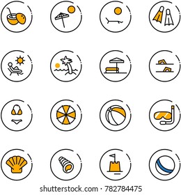 line vector icon set - coconut cocktail vector, beach, lounger, flippers, palm, inflatable pool, flip flops, swimsuit, parasol, ball, diving, shell, sand castle