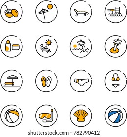 line vector icon set - coconut cocktail vector, beach, lounger, pool, uv cream, palm, inflatable, flip flops, swimsuit, ball, diving, shell