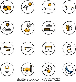 line vector icon set - coconut cocktail vector, beach, lounger, reading, palm, inflatable pool, flip flops, swimsuit, diving, dolphin, ball