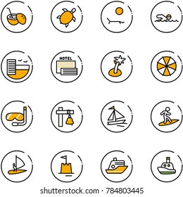 line vector icon set - coconut cocktail vector, sea turtle, lounger, swimming, hotel, palm, parasol, diving, ship bell, sail boat, surfing, windsurfing, sand castle, cruiser, toy