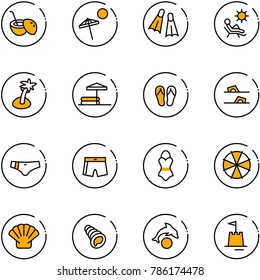 line vector icon set - coconut cocktail vector, beach, flippers, palm, inflatable pool, flip flops, swimsuit, parasol, shell, dolphin, sand castle