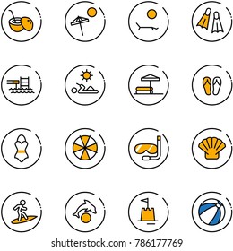 line vector icon set - coconut cocktail vector, beach, lounger, flippers, pool, reading, inflatable, flip flops, swimsuit, parasol, diving, shell, surfing, dolphin, sand castle, ball