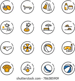 line vector icon set - coconut cocktail vector, lounger, flippers, uv cream, palm, inflatable pool, flip flops, swimsuit, parasol, ball, diving, shell, dolphin, beach