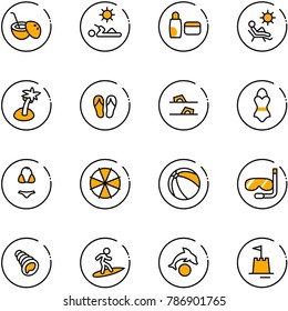 line vector icon set - coconut cocktail vector, reading, uv cream, beach, palm, flip flops, swimsuit, parasol, ball, diving, shell, surfing, dolphin, sand castle
