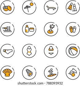 line vector icon set - coconut cocktail vector, beach, lounger, flippers, pool, uv cream, palm, flip flops, swimsuit, ball, shell, surfing, dolphin