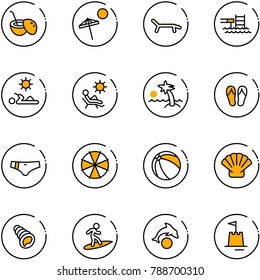 line vector icon set - coconut cocktail vector, beach, lounger, pool, reading, palm, flip flops, swimsuit, parasol, ball, shell, surfing, dolphin, sand castle