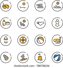line vector icon set - coconut cocktail vector, lounger, pool, reading, uv cream, beach, swimsuit, parasol, ball, diving, shell, surfing, sand castle