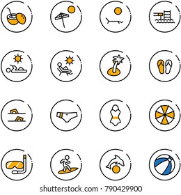 line vector icon set - coconut cocktail vector, beach, lounger, pool, reading, palm, flip flops, swimsuit, parasol, diving, surfing, dolphin, ball