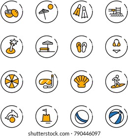 line vector icon set - coconut cocktail vector, beach, flippers, pool, palm, inflatable, flip flops, swimsuit, parasol, diving, shell, surfing, dolphin, sand castle, ball