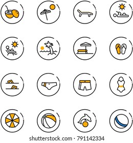 line vector icon set - coconut cocktail vector, beach, lounger, reading, palm, inflatable pool, flip flops, swimsuit, parasol, ball, dolphin