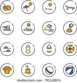 line vector icon set - coconut cocktail vector, beach, lounger, pool, reading, palm, flip flops, swimsuit, parasol, shell, sand castle, ball