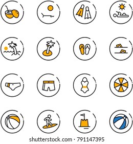 line vector icon set - coconut cocktail vector, lounger, flippers, reading, palm, flip flops, swimsuit, parasol, ball, surfing, sand castle, beach