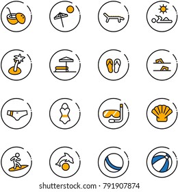 line vector icon set - coconut cocktail vector, beach, lounger, reading, palm, inflatable pool, flip flops, swimsuit, diving, shell, surfing, dolphin, ball