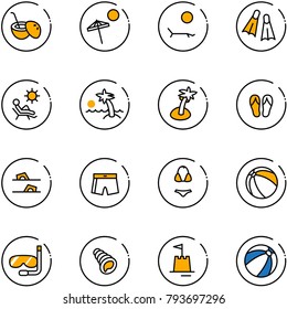 line vector icon set - coconut cocktail vector, beach, lounger, flippers, palm, flip flops, swimsuit, ball, diving, shell, sand castle