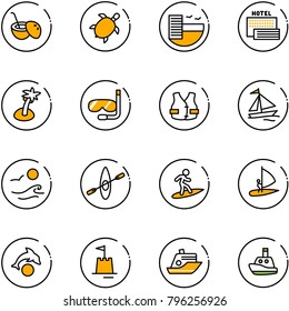 line vector icon set - coconut cocktail vector, sea turtle, hotel, palm, diving, life vest, sail boat, waves, kayak, surfing, windsurfing, dolphin, sand castle, cruiser, toy