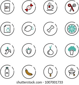 line vector icon set - coffee machine vector, candy, tea, santa stick, diet list, lemon, broken bone, slice, banana, sweet pepper, onion, broccoli, milk, ice cream, grill