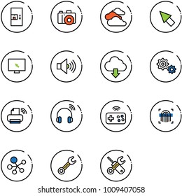 line vector icon set - coffee machine vector, camera, clouds, cursor, monitor, volume max, download cloud, gear, printer wireless, headphones, joystick, fingerprint scanner, molecule, wrench