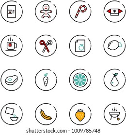 line vector icon set - coffee machine vector, cake man, lollipop, candy, tea, santa stick, diet list, lemon, meat, carrot, slice, pear, cereal, banana, strawberry, grill