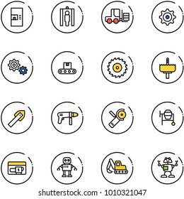 line vector icon set - coffee machine vector, metal detector gate, fork loader, gear, conveyor, saw disk, crown drill, tile, Angular grinder, cocncrete mixer, generator, robot, excavator toy