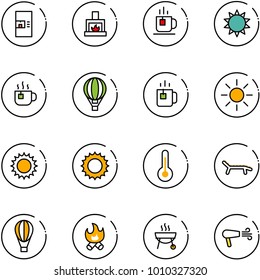 line vector icon set - coffee machine vector, fireplace, tea, sun, hot, air balloon, green, thermometer, lounger, fire, grill, dryer