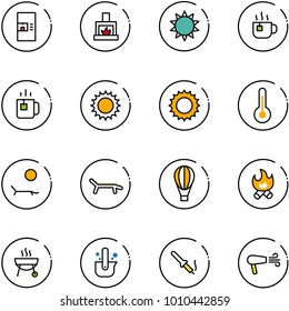 line vector icon set - coffee machine vector, fireplace, sun, hot tea, green, thermometer, lounger, air balloon, fire, grill, casting of steel, soldering iron, dryer