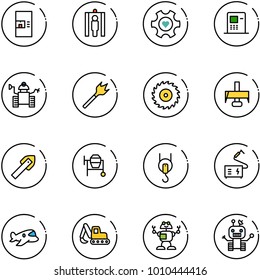 line vector icon set - coffee machine vector, metal detector gate, heart gear, atm, robot, wood drill, saw disk, milling cutter, tile, cocncrete mixer, winch, welding, plane toy, excavator