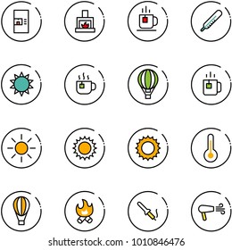 line vector icon set - coffee machine vector, fireplace, tea, thermometer, sun, hot, air balloon, green, fire, soldering iron, dryer