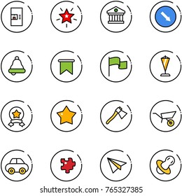 line vector icon set - coffee machine vector, christmas star, bank, detour road sign, bell, flag, pennant, medal, axe, wheelbarrow, car, puzzle, paper plane, soother