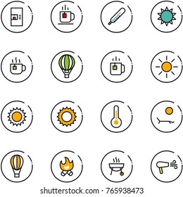 line vector icon set - coffee machine vector, tea, thermometer, sun, hot, air balloon, green, lounger, fire, grill, dryer