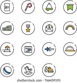 line vector icon set - coffee machine vector, lollipop, bell, flag, brick wall, star medal, mail dollar, rainbow, bungalow, terms plan, connect, construction helmet, ball, rocking horse