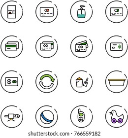 line vector icon set - coffee machine vector, credit card, liquid soap, tap pay, refresh, bucket scoop, basin, pipe welding, ball, phone toy, duck