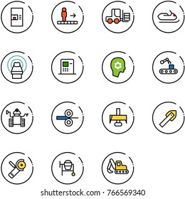 line vector icon set - coffee machine vector, travolator, fork loader, snowmobile, mri, atm, brain work, conveyor, robot, steel rolling, milling cutter, tile drill, Angular grinder, cocncrete mixer
